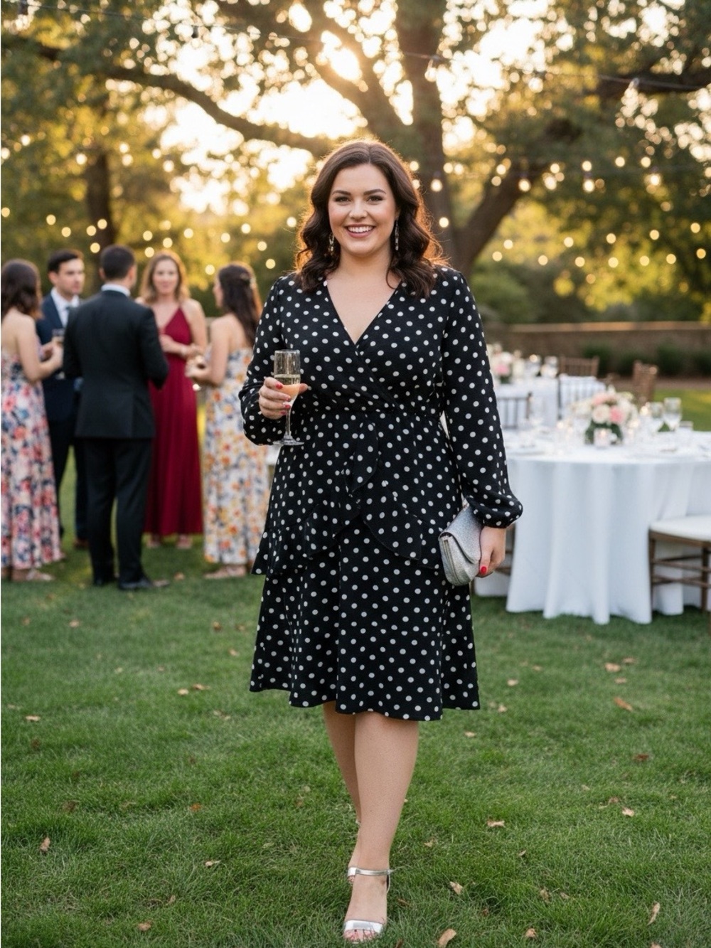 Black Polka Dot Wrap Midi Dress with Self-Tie Waist